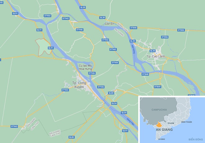 Xã An Hòa (khoanh đỏ) ở huyện Châu Thành, tỉnh An Giang. Ảnh: Google Maps.