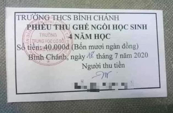 Hình ảnh phiếu thu ghế ngồi học sinh 4 năm học của Trường THCS Bình Chánh (huyện Bình Chánh, TP.HCM) - Ảnh: T.T.