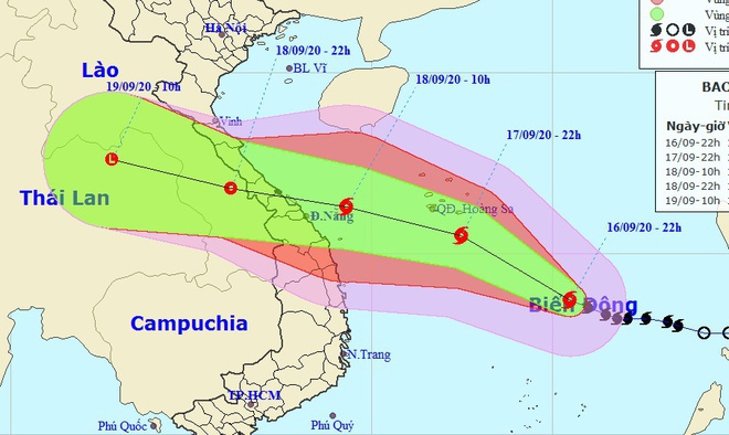 Dự báo đường đi và vùng ảnh hưởng của bão số 5 trên Biển Đông. Ảnh: NCHMF.