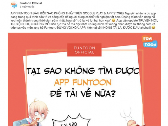Funtoon thông báo đến người dùng về việc biến mất khỏi Google Play Store và Apple Store, thực chất là bị gỡ bỏ vì vi phạm bản quyền. Ảnh: Fanpage Funtoon