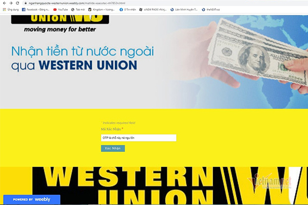 Giao diện của một website giả mạo dịch vụ chuyển tiền Western Union.