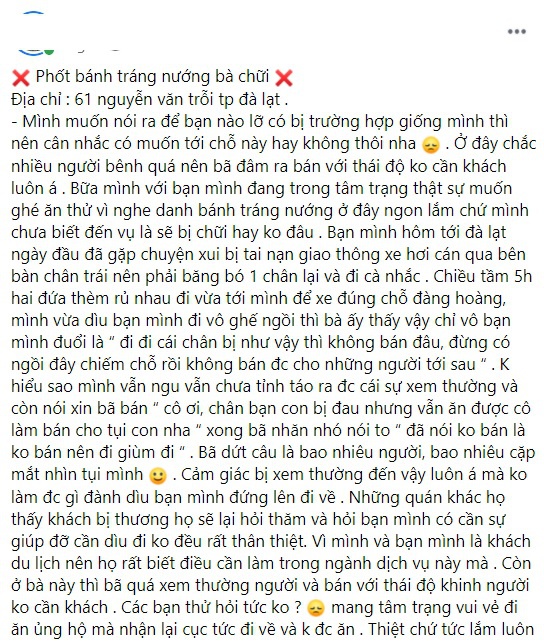 Nữ du khách gặp trải nghiệm tệ ở quán bánh tráng nướng Đà Lạt. Ảnh chụp màn hình.
