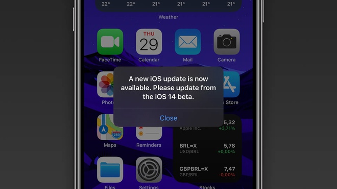 Lỗi trên iOS 14 beta khiến thông báo cập nhật hiện lên liên tục, kể cả khi máy đang ở phiên bản mới nhất. Ảnh: 9to5mac.