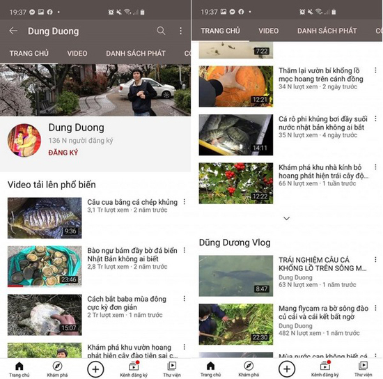 Các video săn bắt thủy hải sản trên kênh của YouTuber 'Dung Duong'