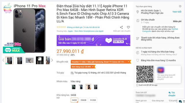 Giá bán sau khi đã giảm 10 triệu đồng của chiếc iPhone 11 Pro Max ở gian hàng này thậm chí vẫn cao hơn mức giá trung bình trên thị trường.