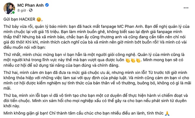 Chia sẻ của MC Phan Anh trên Facebook sau khi fanpage bị hack. Ảnh: Chụp màn hình.