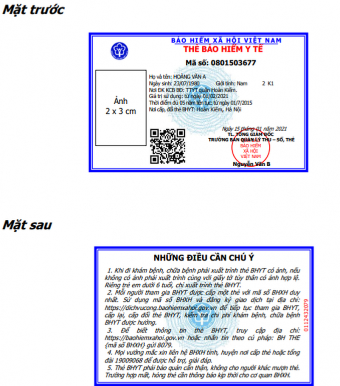 Mặt trước và sau của thẻ BHYT mới. Ảnh: V.LONG