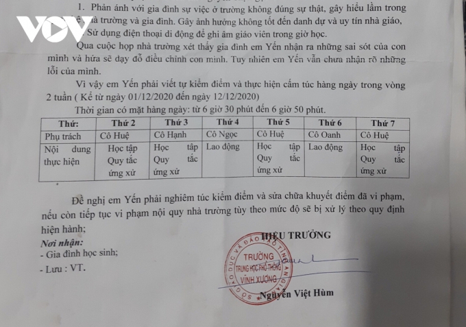 Một đoạn trong quyết định kỷ luật em Y của trường THPT Vĩnh Xương.