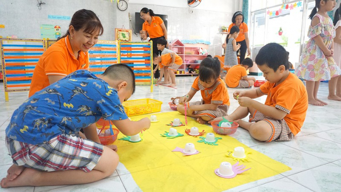 Một tiết học của các bé lớp lá, trường Mầm non Tuổi Thơ 7, quận 3, TP.HCM.