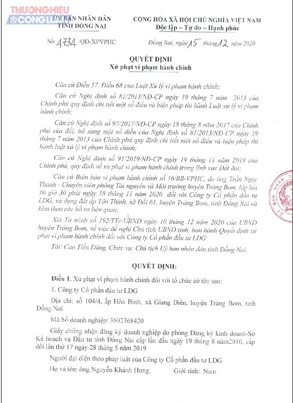 Một phần Quyết định số 4734/QĐ/XPVPHC xử phạt vi phạm hành chính đối với Công ty cổ phần đầu tư LDG (LDG Group), địa chỉ 104/4, ấp Hòa Bình, xã Giang Điền, huyện Trảng Bom