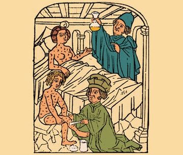 Hai bệnh nhân giang mai, một phụ nữ trên giường và một nam giới ngồi trên ghế, được miêu tả trong tranh khắc gỗ từ năm 1497. Ảnh: TheScientist/Jessica Wilson.