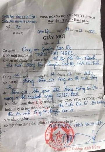 Giấy mời người đăng tin sai sự thật lên làm việc