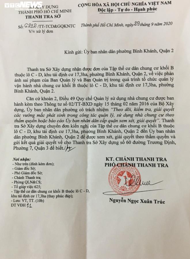 Công văn số 6212/TT-TCD&GQKNTC của Thanh tra Sở Xây dựng gửi UBND phường Bình Khánh. (Ảnh: Khuất Nguyên)
