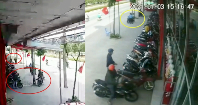 Nhóm thanh niên dàn cảnh trộm xe máy (Ảnh cắt từ clip)
