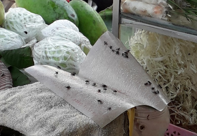 Do ruồi quá nhiều nên nhiều điểm bán thực phẩm phải dùng dụng cụ diệt ruồi. Ảnh: TRẦN NGỌC