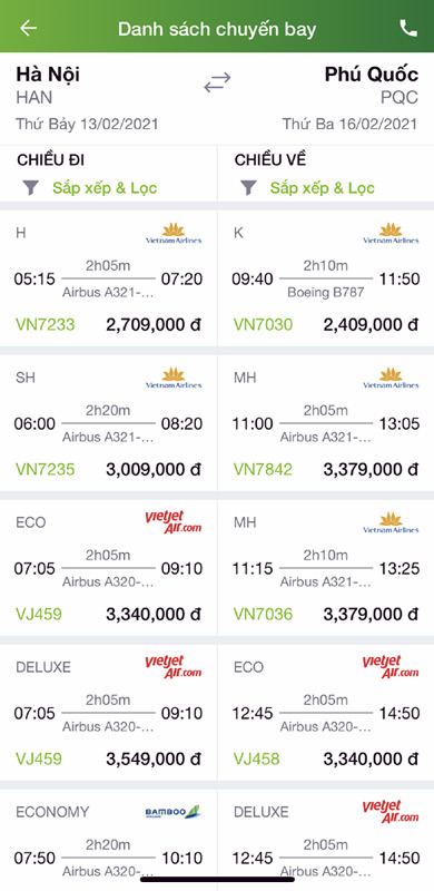 Giá vé máy bay chặng Hà Nội - Phú Quốc dịp Tết Nguyên đán 20210 khá đắt đỏ so với ngày thường (ảnh chụp màn hình)