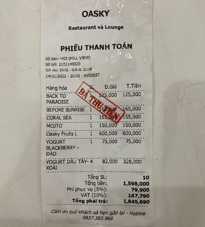 Hóa đơn tính tiền dich vụ ăn uống tại nhà hàng Oasky trên sân thượng chung cư Sơn Thịnh 2.