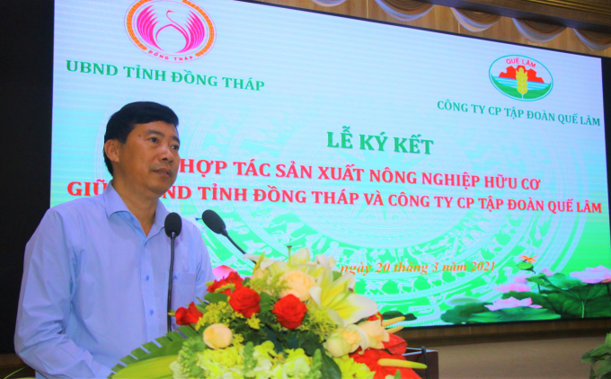 Ông Phạm Thiện Nghĩa, Chủ tịch UBND tỉnh Đồng Tháp: Đồng Tháp cam kết sẽ luôn đồng hành cùng Tập đoàn Quế Lâm trên mọi lĩnh vực để tạo ra một nền nông nghiệp có giá trị, tiêu chuẩn, không chỉ riêng với Đồng Tháp mà còn ở tầm quốc gia. Ảnh: Hoàng Vũ.