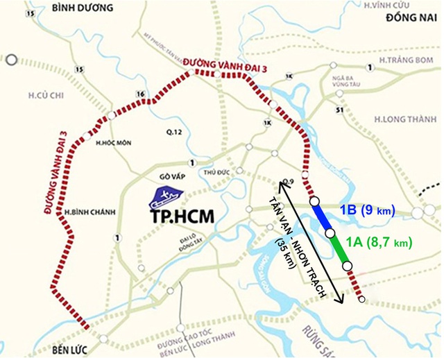 Dự án 1A và 1B, thuộc đoạn Tân Vạn - Nhơn Trạch tuyến Vành đai 3 TP. HCM. Đồ họa: Thanh Huyền
