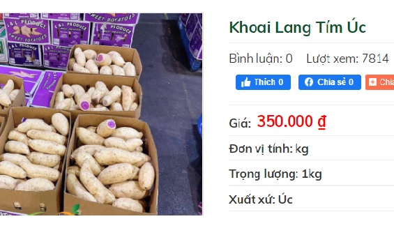 Khoai lang tím Úc có giá 350.000 đồng/kg