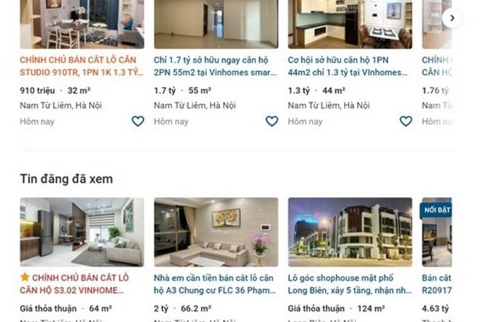 Xuất hiện nhiều trường hợp bán cắt lỗ bất động sản. Ảnh chụp màn hình.