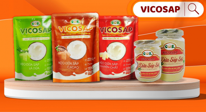 Các sản phẩm từ dừa sáp của Vicosap đạt chứng nhận OCOP 4 sao có mặt tại các hệ thống siêu thị Co.op Mart toàn quốc và các trang web thương mại điện tử. Ảnh: TL.
