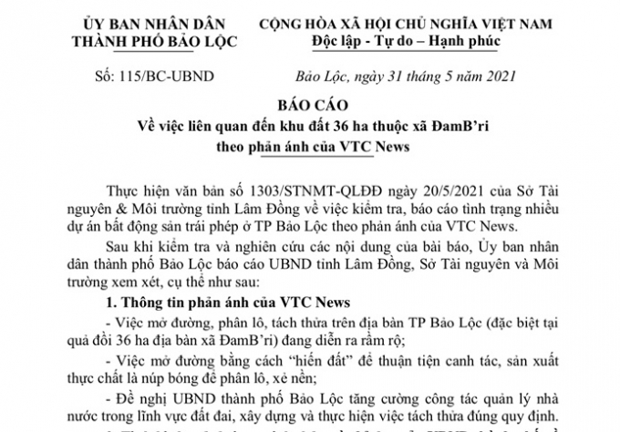 Báo cáo của UBND TP Bảo Lộc liên quan đến khu đất 36ha thuộc thôn 14, xã Đam B'ri theo phản ánh của VTC News.