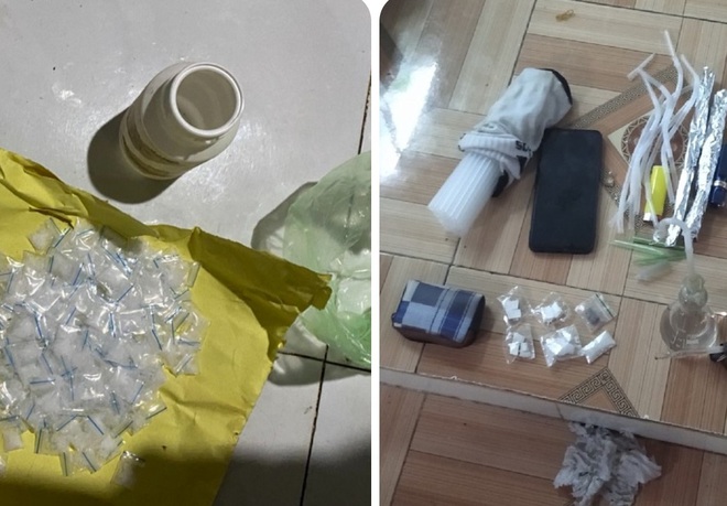 Số ma túy và các dụng cụ liên quan đến ma túy tại nhà bị can Thôi, bị can Đậm (Ảnh: Nghiêm Túc).