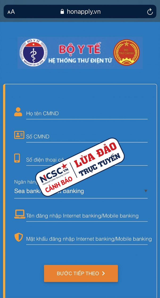 Giao diện web có dấu hiệu lừa đảo. Ảnh: NCSC.