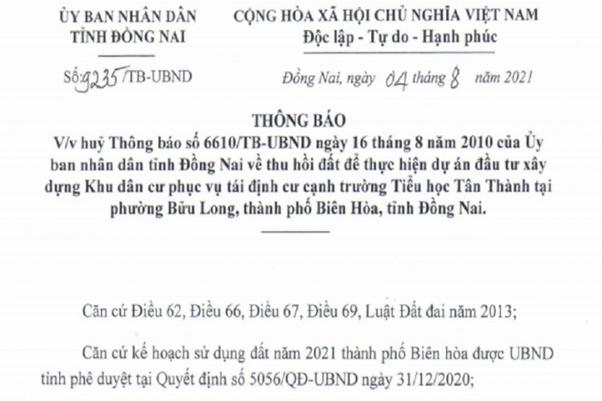 UBND tỉnh Đồng Nai ra văn bản hủy bỏ dự án sau hơn 10 năm không thực hiện. Ảnh: VH.