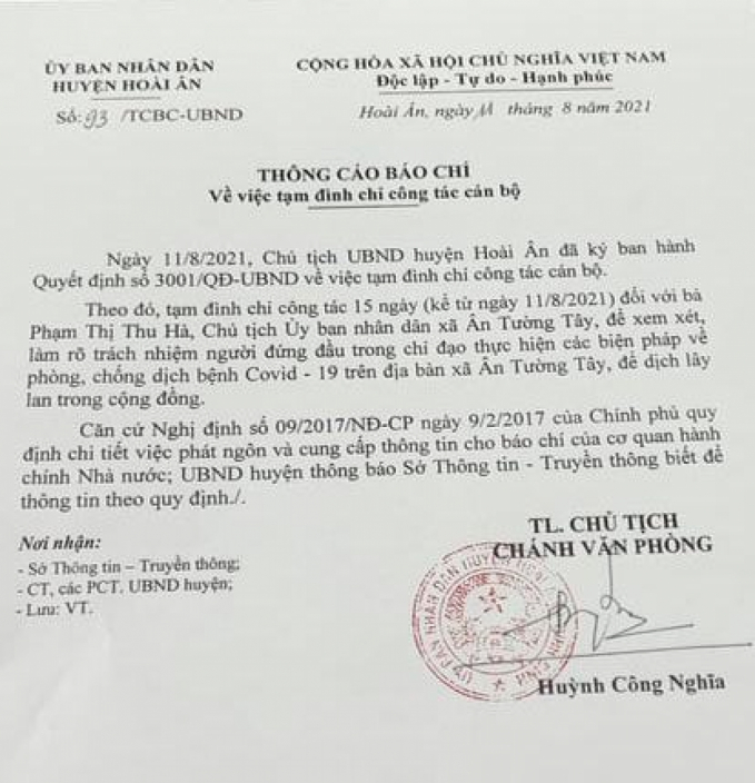 Thông cáo báo chí về việc tạm đình chỉ công tác đối với bà Phạm Thị Thu Hà.