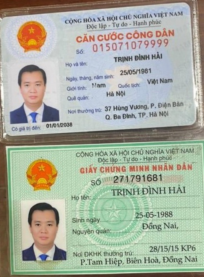 Căn Cước công dân (sai tên phường) và chứng minh nhân dân khác năm sinh của Trịnh Đình Hải. Ảnh: VH
