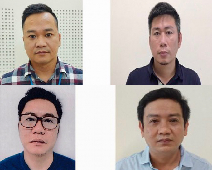 Các bị can Đoàn Kiên Giang, Lê Thế Thắng (hàng trên từ trái qua); Nguyễn Phước Trung Bảo, Nguyễn Thanh Nhã (hàng dưới từ trái qua). CÔNG AN CUNG CẤP
