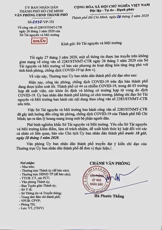 UBND TP Hồ Chí Minh ra văn bản bản phê bình Sở Tài nguyên - Môi trường thành phố.