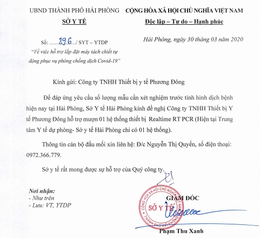 Công văn hỗ trợ mượn máy xét nghiệm của Sở Y Tế Hải Phòng