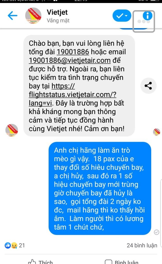 Đại lý vé phản ánh tới Fanpage của VietJet về việc hủy chuyến vô tội vạ