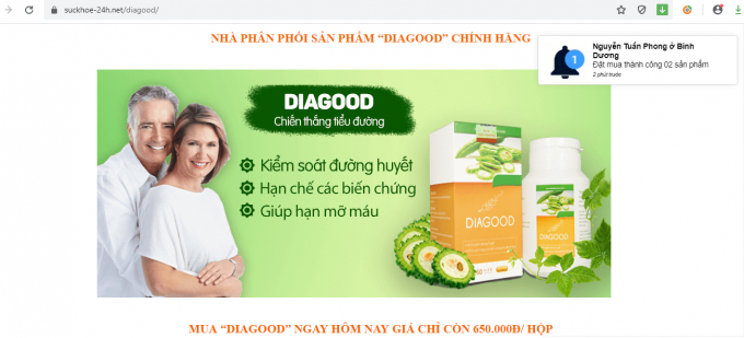 Thực phẩm bảo vệ sức khỏe Dia Good được quảng cáo trên website https://suckhoe-24h.net/diagood/. Ảnh minh họa