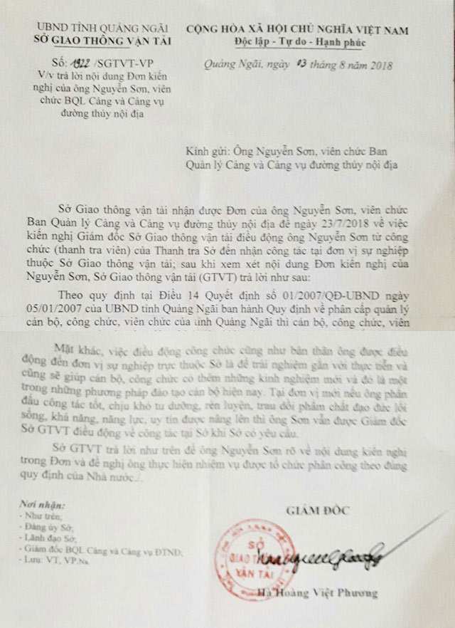 Trong văn bản do ông Hà Hoàng Việt Phương - Giám đốc Sở GTVT Quảng Ngãi ký, trả lời cho ông Sơn với nội dung khẳng định việc điều động ông Sơn xuống công tác tại Cảng Sa Kỳ là đúng quy định hiện hành.