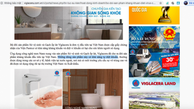 Viglacera khẳng định sản phẩm có khả năng tự diệt khuẩn (Ảnh: nội dung quảng cáo đăng tải trên website của Tổng Công ty Viglacera)
