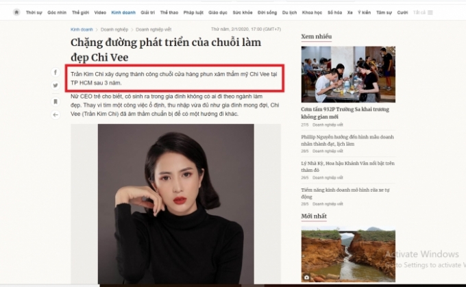 Đầu năm 2020, bà Trần Kim Chi công khai xây dựng thành công chuỗi cửa hàng phun xăm thẩm mỹ Chi Vee tại TP. HCM sau 3 năm.