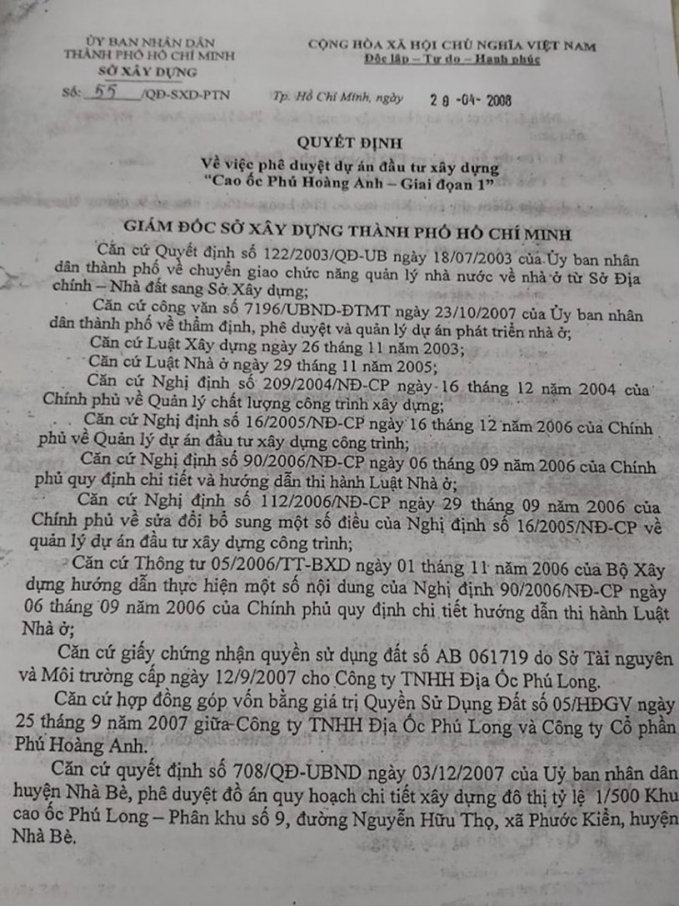 Quyết định 55/QĐ-SXD-PTN của Sở Xây dựng TP Hồ Chí Minh phê duyệt khối chung cư thứ 4 (nay là block D) của dự án chung cư Phú Hoàng Anh là 182 căn hộ