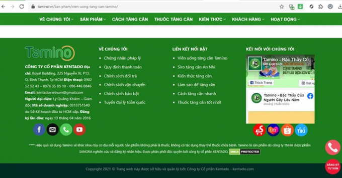 Website quảng cáo thực phẩm bảo vệ sức khỏe Tamino không có tích xanh của Bộ Công Thương.