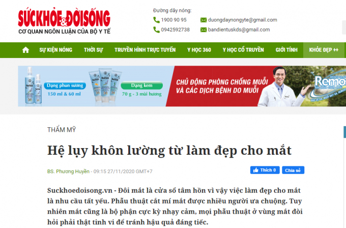 Bài đăng của báo Sức khỏe & Đời sống về hệ lụy khi thẩm mỹ cho mắt