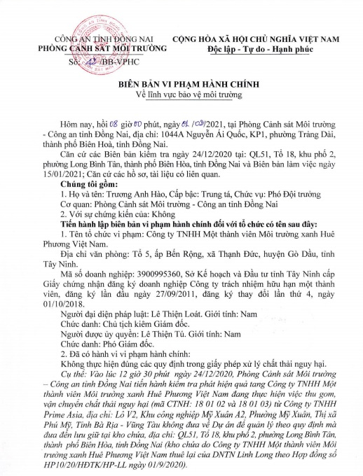Một phần biên bản xử phạt vi phạm hành chính đối với Công ty TNHH Một thành viên môi trường xanh Huê Phương
