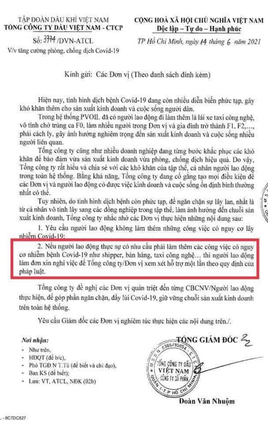 Văn bản Không cho nhân viên làm thêm shipper, taxi công nghệ của Tổng công ty dầu Việt Nam .