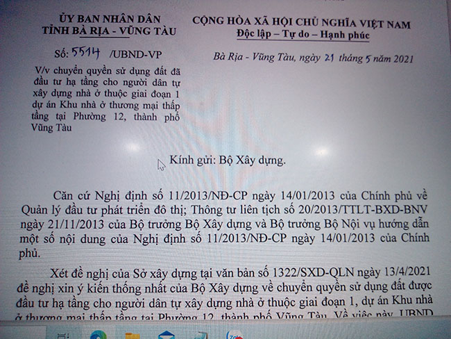 Văn bản 5514/UBND-VP ngày 21/5/2021 của UBND tỉnh Bà Rịa - Vũng Tàu gửi Bộ Xây dựng.