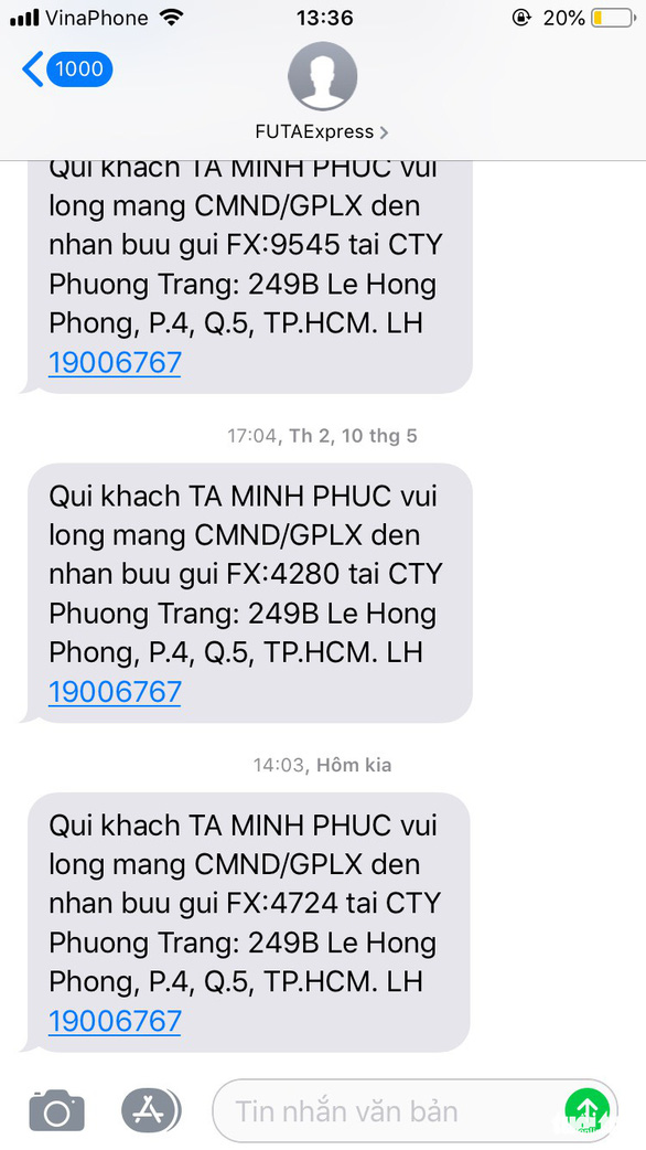 Tin nhắn của nhà xe Phương Trang gửi cho anh Phúc chứng minh rằng anh đi lấy lương thực từ quê gửi lên - Ảnh: Anh Phúc cung cấp