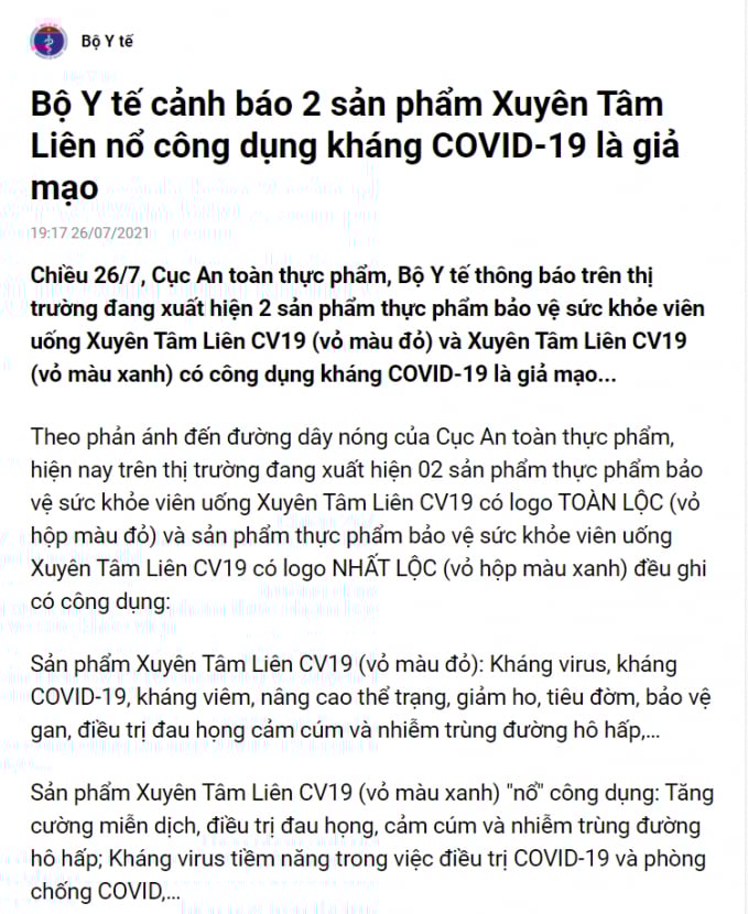 Cảnh báo của Bộ Y tế