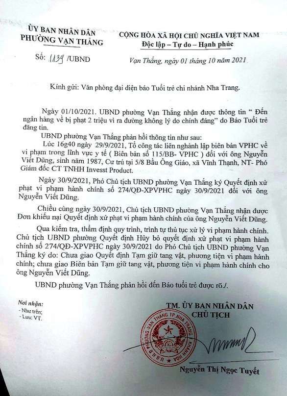 Công văn của UBND phường Vạn Thắng, TP Nha Trang phản hồi thông tin cho báo Tuổi Trẻ - Ảnh: PHAN SÔNG NGÂN