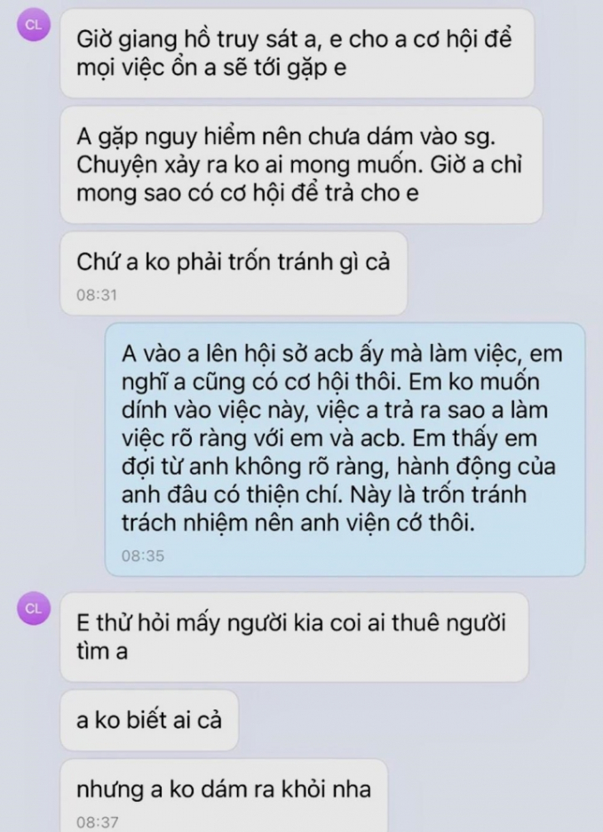 Qua nhắn tin, ông Cường cho biết bị giang hồ truy sát nên chưa thể gặp ông T. đối thoại.